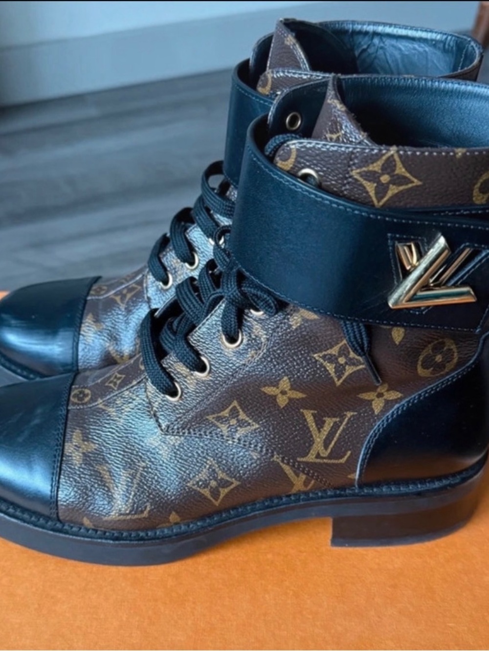 Louis Vuitton Brown Monogram Combat Booties with Black Accents- size 39.5